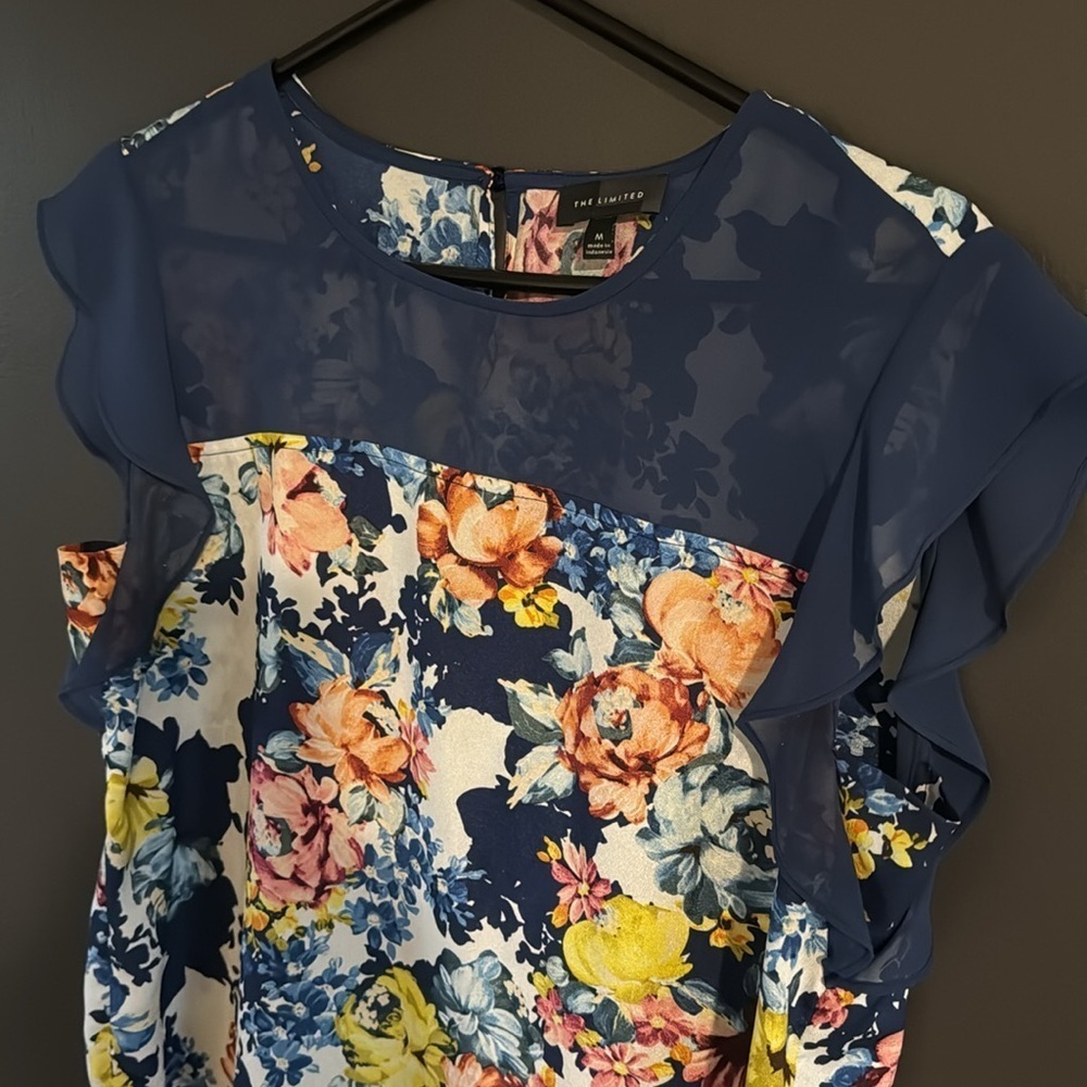 Sheer!  The Limited Floral Sheer Yoke Ruffle Sleeve Top - Size M - Picture 2 of 5